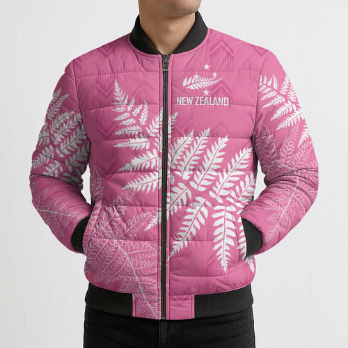 New Zealand Lawn Bowls Breast Cancer Personalized Bomber Puffer Jacket Wrap-Around Silver Fern - Aussie Hoodie