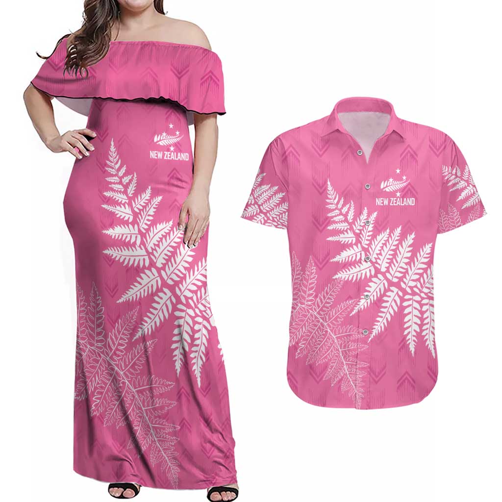 New Zealand Lawn Bowls Breast Cancer Personalized Couples Matching Off Shoulder Maxi Dress and Hawaiian Shirt Wrap-Around Silver Fern - Aussie Hoodie