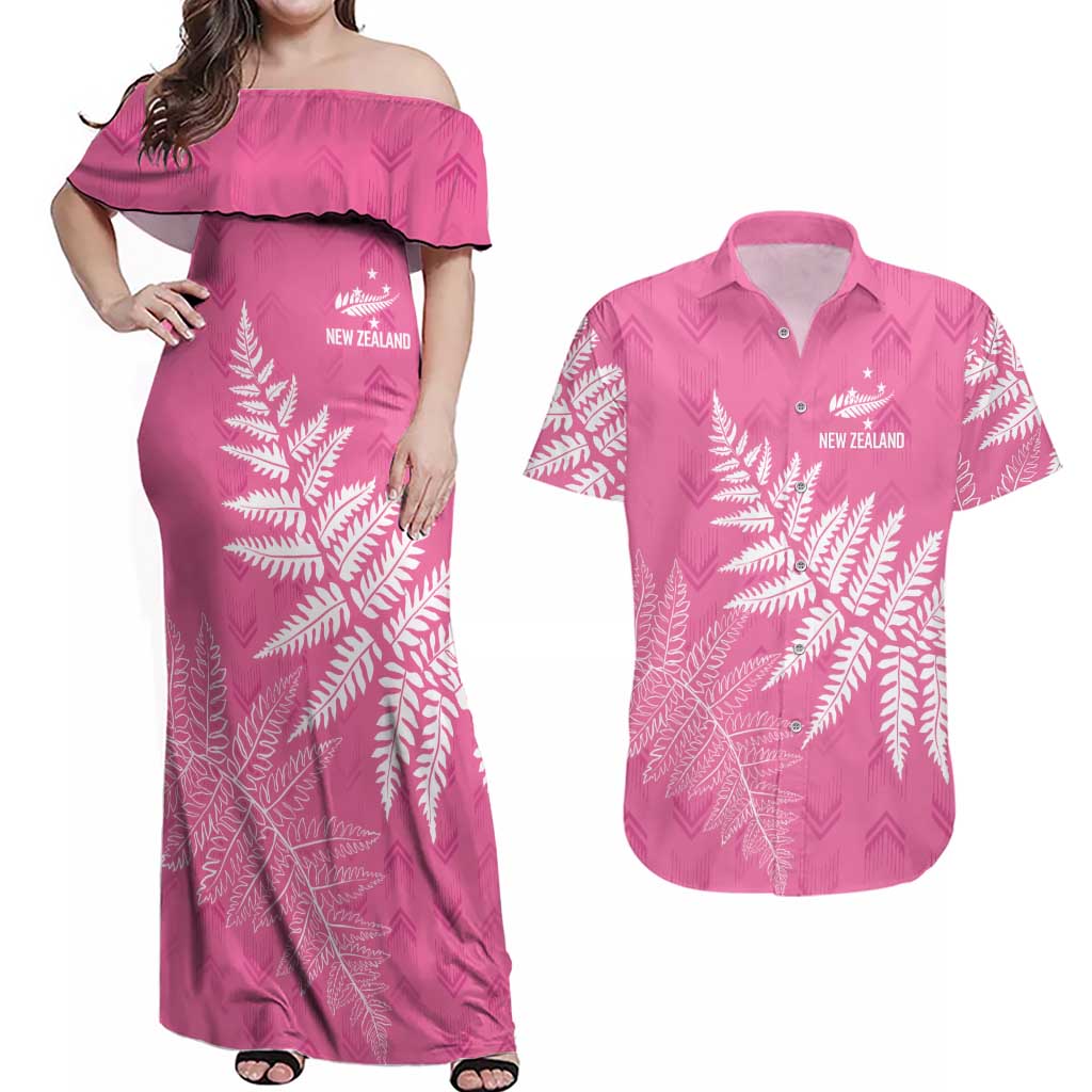 New Zealand Lawn Bowls Breast Cancer Personalized Couples Matching Off Shoulder Maxi Dress and Hawaiian Shirt Wrap-Around Silver Fern - Aussie Hoodie