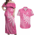 New Zealand Lawn Bowls Breast Cancer Personalized Couples Matching Off Shoulder Maxi Dress and Hawaiian Shirt Wrap-Around Silver Fern - Aussie Hoodie