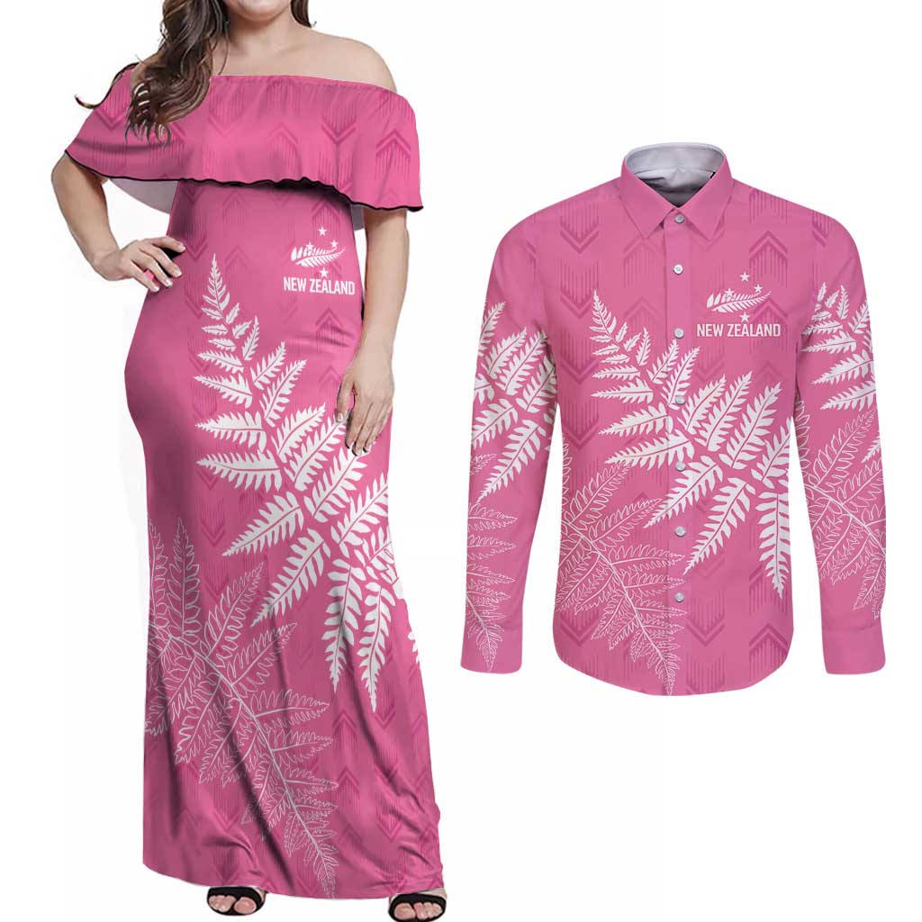 New Zealand Lawn Bowls Breast Cancer Personalized Couples Matching Off Shoulder Maxi Dress and Long Sleeve Button Shirt Wrap-Around Silver Fern - Aussie Hoodie