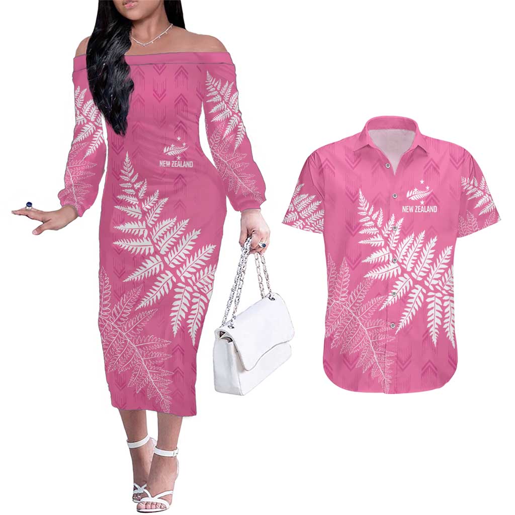 New Zealand Lawn Bowls Breast Cancer Personalized Couples Matching Off The Shoulder Long Sleeve Dress and Hawaiian Shirt Wrap-Around Silver Fern - Aussie Hoodie