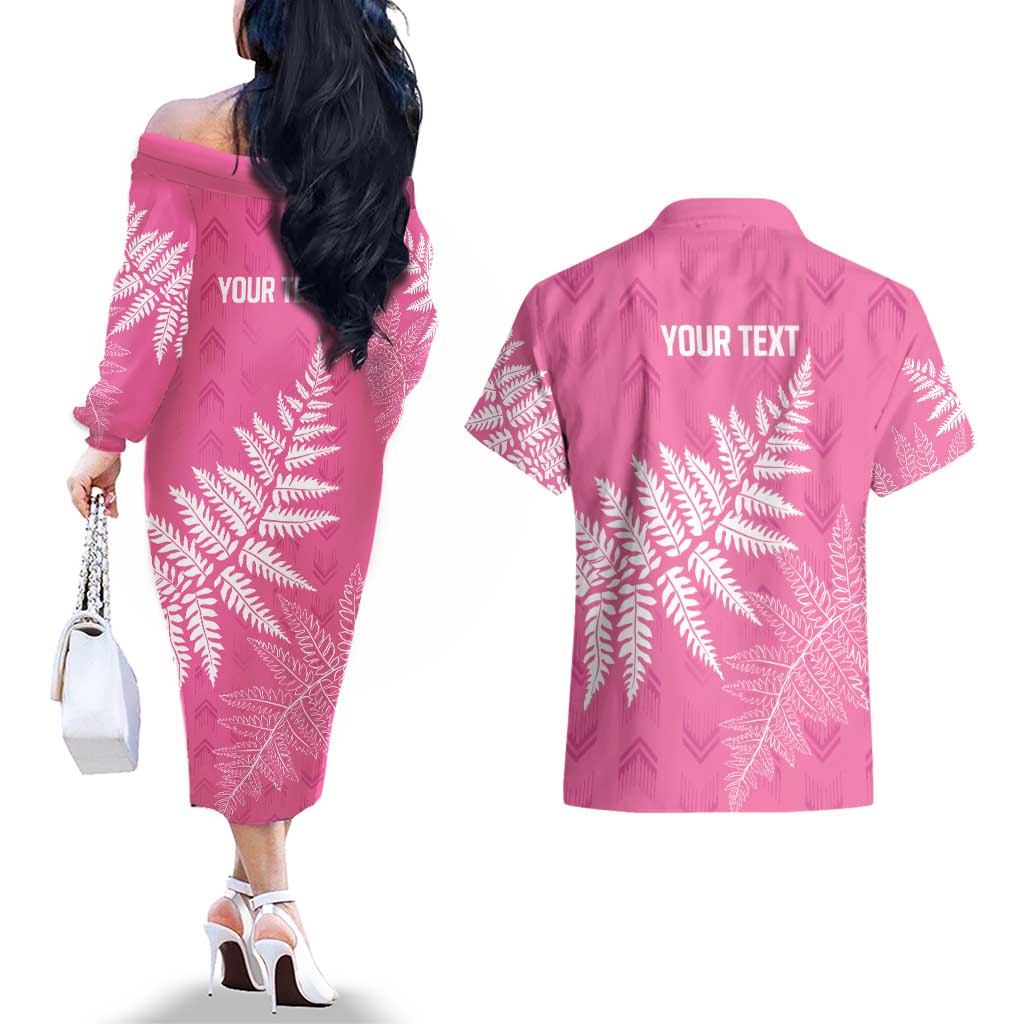 New Zealand Lawn Bowls Breast Cancer Personalized Couples Matching Off The Shoulder Long Sleeve Dress and Hawaiian Shirt Wrap-Around Silver Fern - Aussie Hoodie