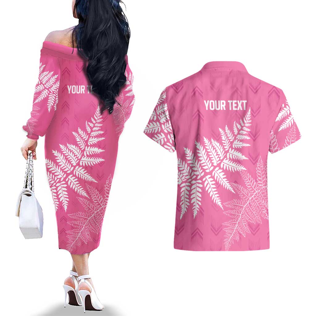 New Zealand Lawn Bowls Breast Cancer Personalized Couples Matching Off The Shoulder Long Sleeve Dress and Hawaiian Shirt Wrap-Around Silver Fern - Aussie Hoodie