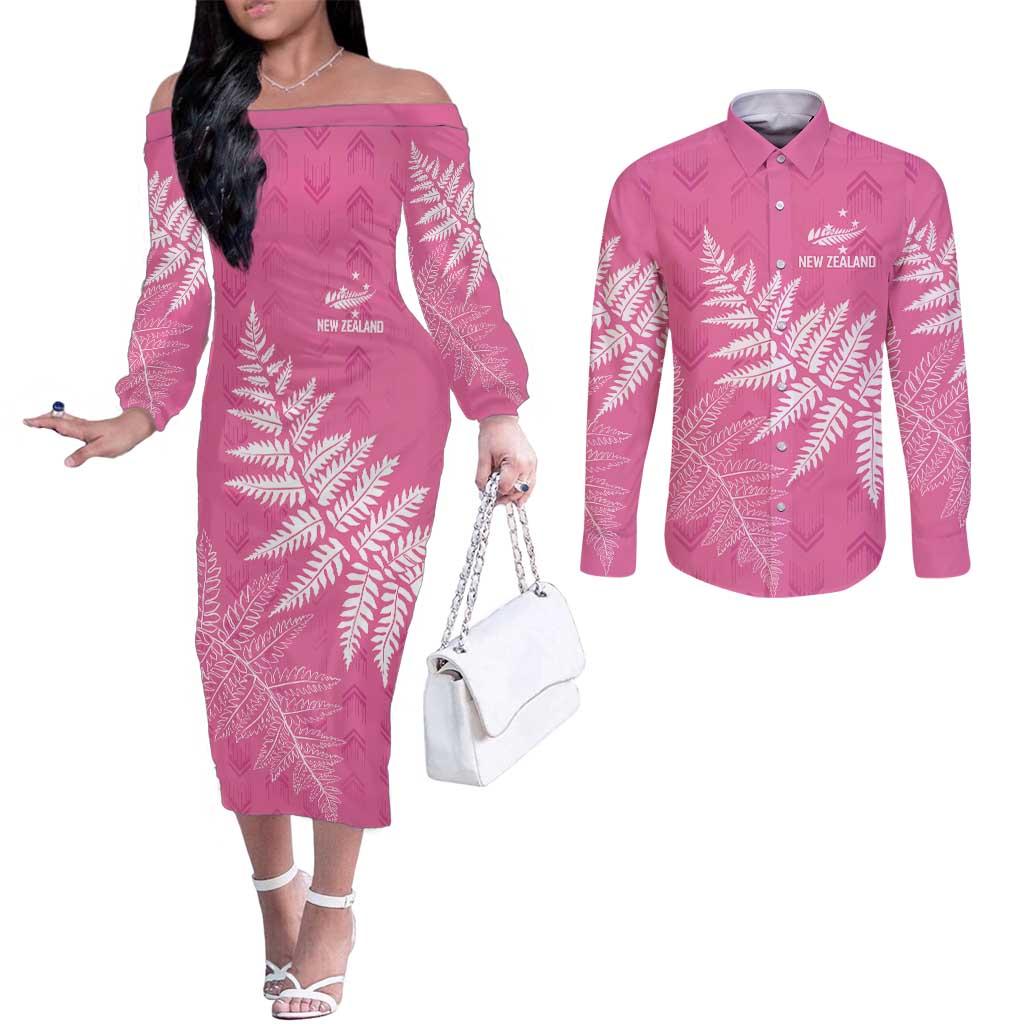 New Zealand Lawn Bowls Breast Cancer Personalized Couples Matching Off The Shoulder Long Sleeve Dress and Long Sleeve Button Shirt Wrap-Around Silver Fern - Aussie Hoodie