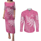New Zealand Lawn Bowls Breast Cancer Personalized Couples Matching Puletasi and Long Sleeve Button Shirt Wrap-Around Silver Fern - Aussie Hoodie