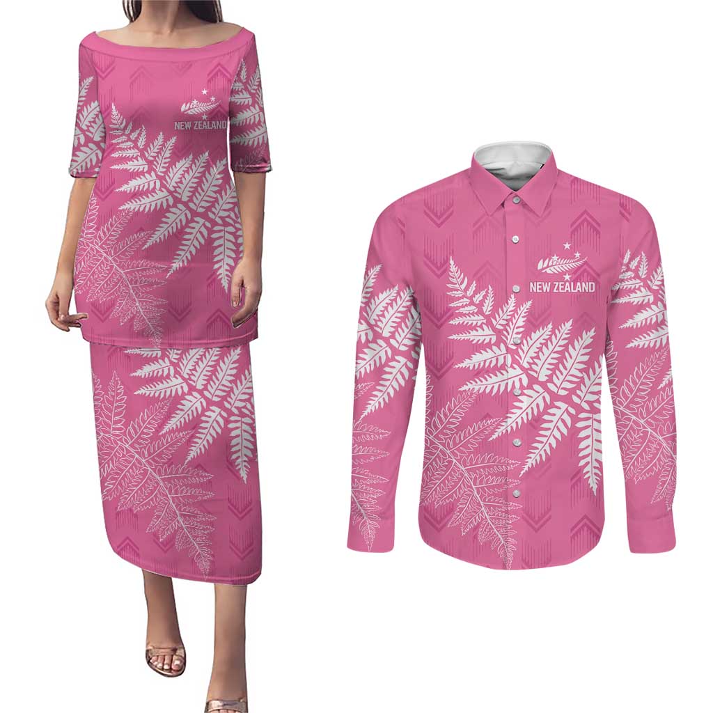 New Zealand Lawn Bowls Breast Cancer Personalized Couples Matching Puletasi and Long Sleeve Button Shirt Wrap-Around Silver Fern - Aussie Hoodie