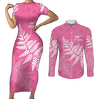 New Zealand Lawn Bowls Breast Cancer Personalized Couples Matching Short Sleeve Bodycon Dress and Long Sleeve Button Shirt Wrap-Around Silver Fern - Aussie Hoodie