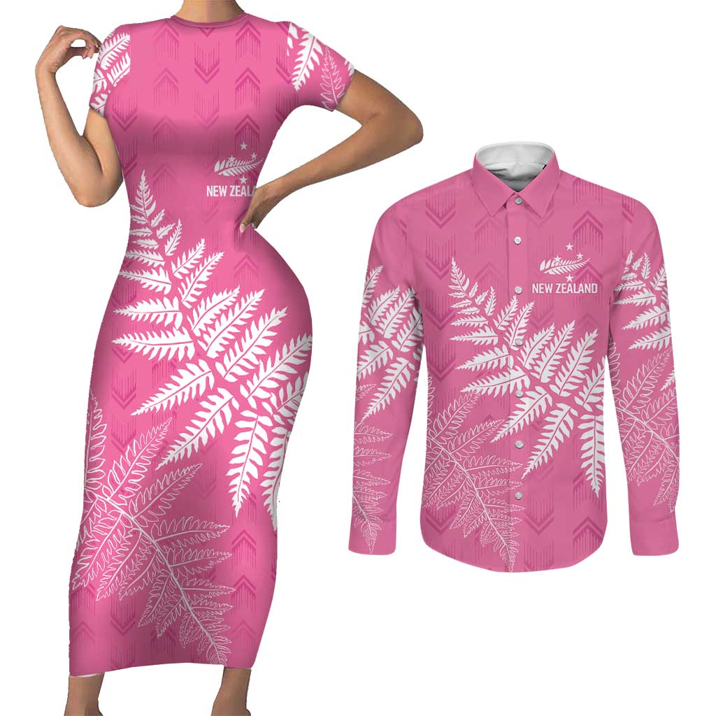 New Zealand Lawn Bowls Breast Cancer Personalized Couples Matching Short Sleeve Bodycon Dress and Long Sleeve Button Shirt Wrap-Around Silver Fern - Aussie Hoodie