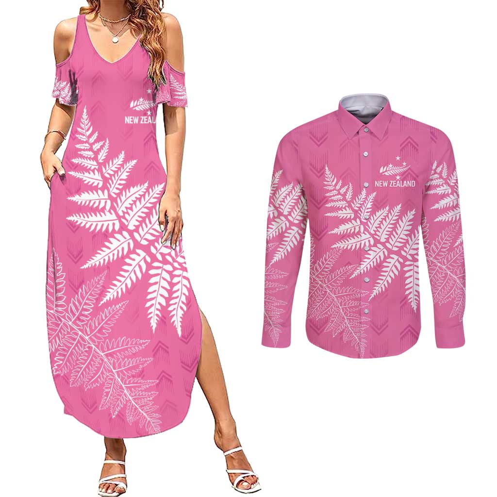 New Zealand Lawn Bowls Breast Cancer Personalized Couples Matching Summer Maxi Dress and Long Sleeve Button Shirt Wrap-Around Silver Fern - Aussie Hoodie