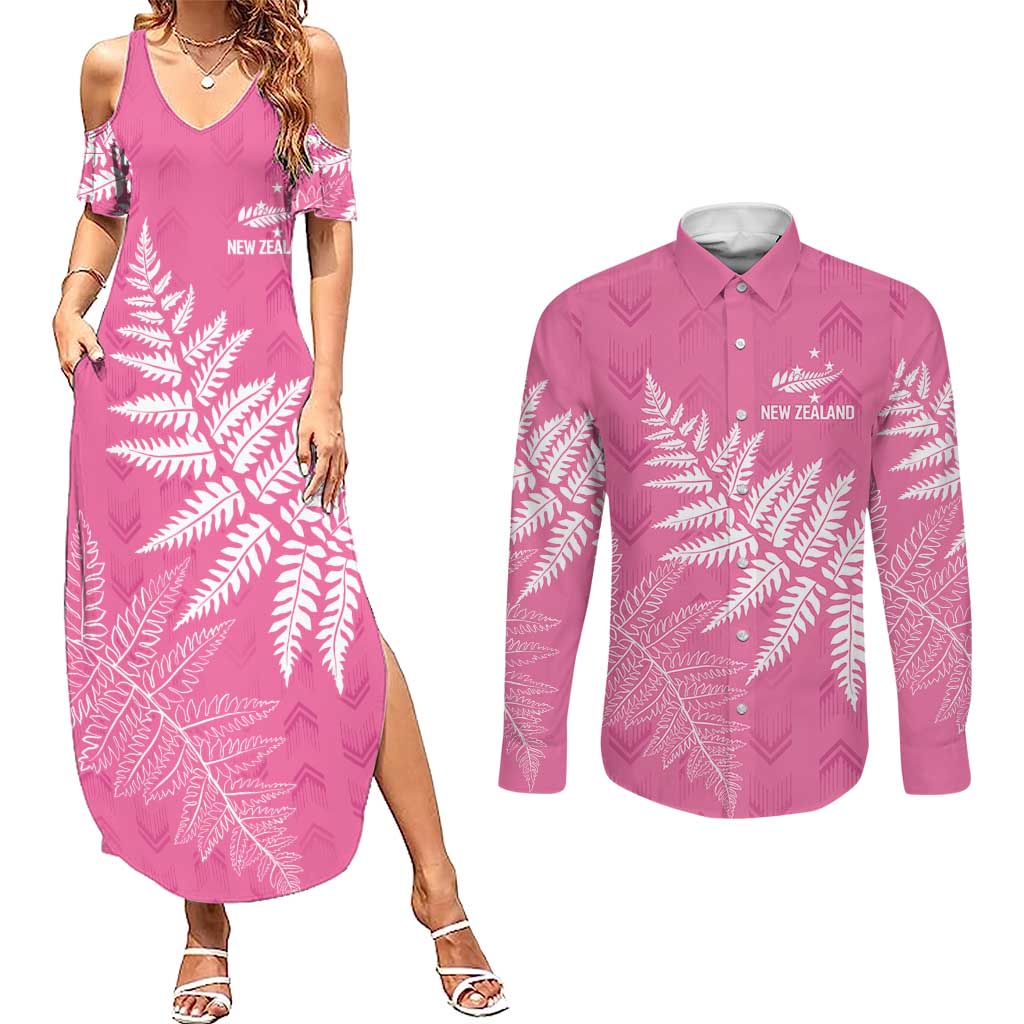 New Zealand Lawn Bowls Breast Cancer Personalized Couples Matching Summer Maxi Dress and Long Sleeve Button Shirt Wrap-Around Silver Fern - Aussie Hoodie