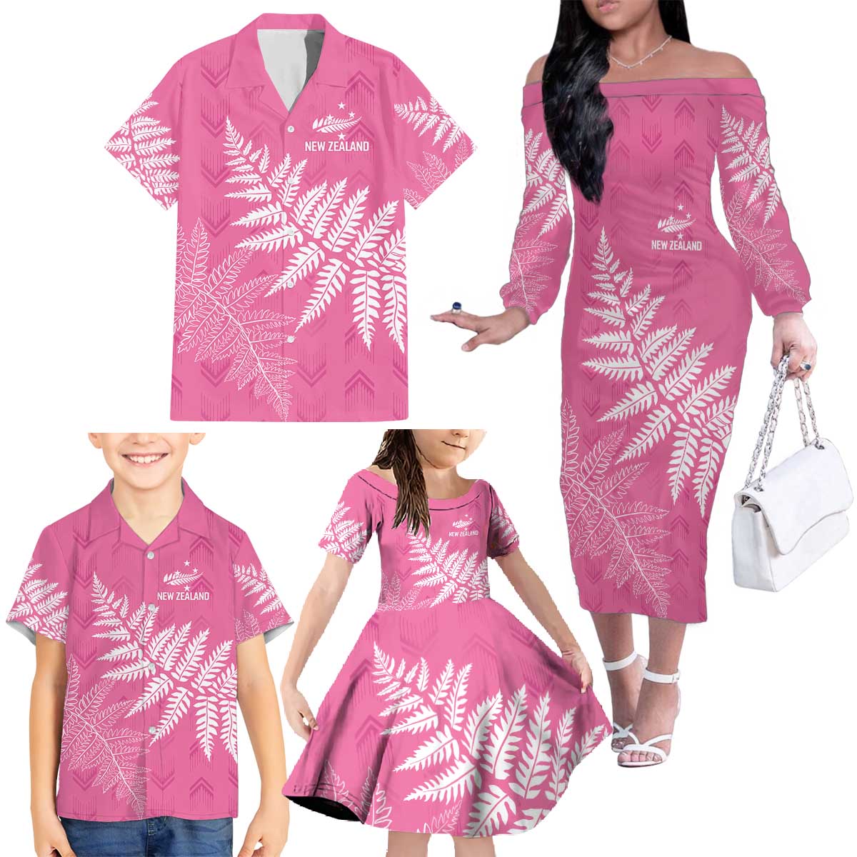 New Zealand Lawn Bowls Breast Cancer Personalized Family Matching Off The Shoulder Long Sleeve Dress and Hawaiian Shirt Wrap-Around Silver Fern - Aussie Hoodie