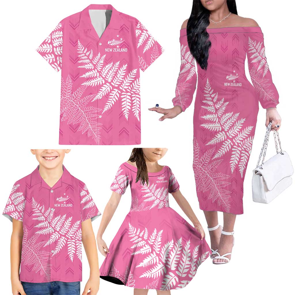 New Zealand Lawn Bowls Breast Cancer Personalized Family Matching Off The Shoulder Long Sleeve Dress and Hawaiian Shirt Wrap-Around Silver Fern - Aussie Hoodie