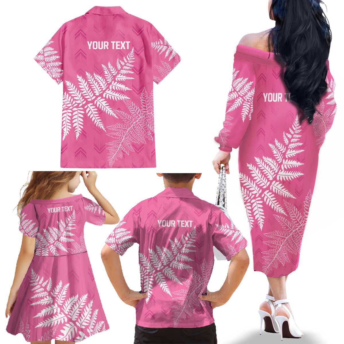 New Zealand Lawn Bowls Breast Cancer Personalized Family Matching Off The Shoulder Long Sleeve Dress and Hawaiian Shirt Wrap-Around Silver Fern - Aussie Hoodie