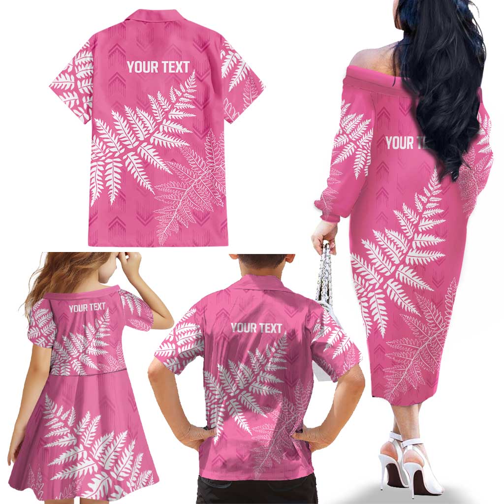 New Zealand Lawn Bowls Breast Cancer Personalized Family Matching Off The Shoulder Long Sleeve Dress and Hawaiian Shirt Wrap-Around Silver Fern - Aussie Hoodie