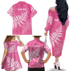 New Zealand Lawn Bowls Breast Cancer Personalized Family Matching Off The Shoulder Long Sleeve Dress and Hawaiian Shirt Wrap-Around Silver Fern - Aussie Hoodie