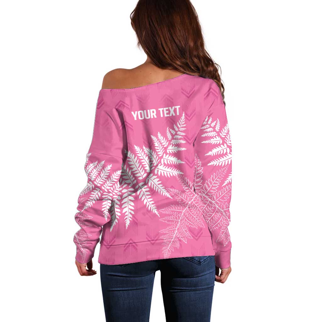 New Zealand Lawn Bowls Breast Cancer Personalized Off Shoulder Sweater Wrap-Around Silver Fern - Aussie Hoodie
