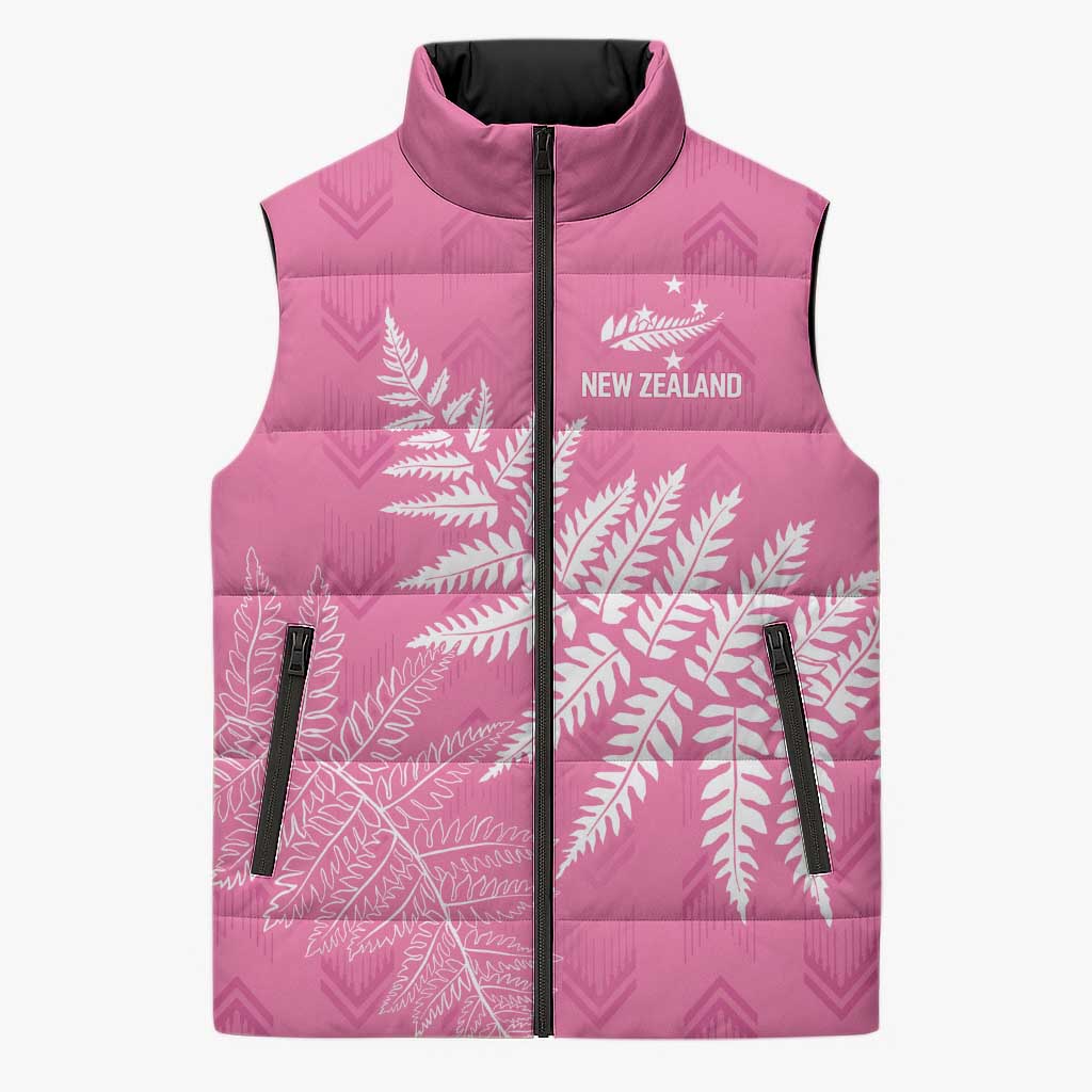 New Zealand Lawn Bowls Breast Cancer Personalized Sleeveless Puffer Jacket Wrap-Around Silver Fern - Aussie Hoodie
