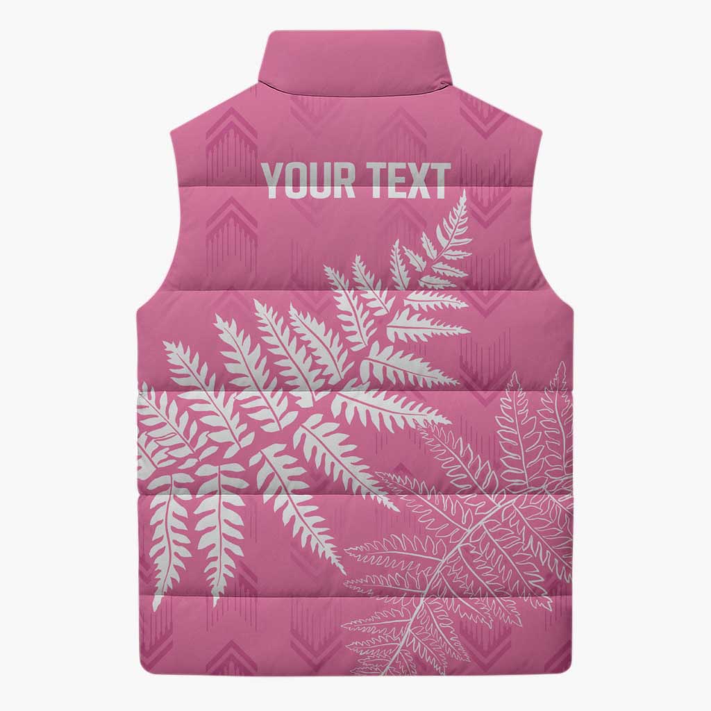 New Zealand Lawn Bowls Breast Cancer Personalized Sleeveless Puffer Jacket Wrap-Around Silver Fern - Aussie Hoodie