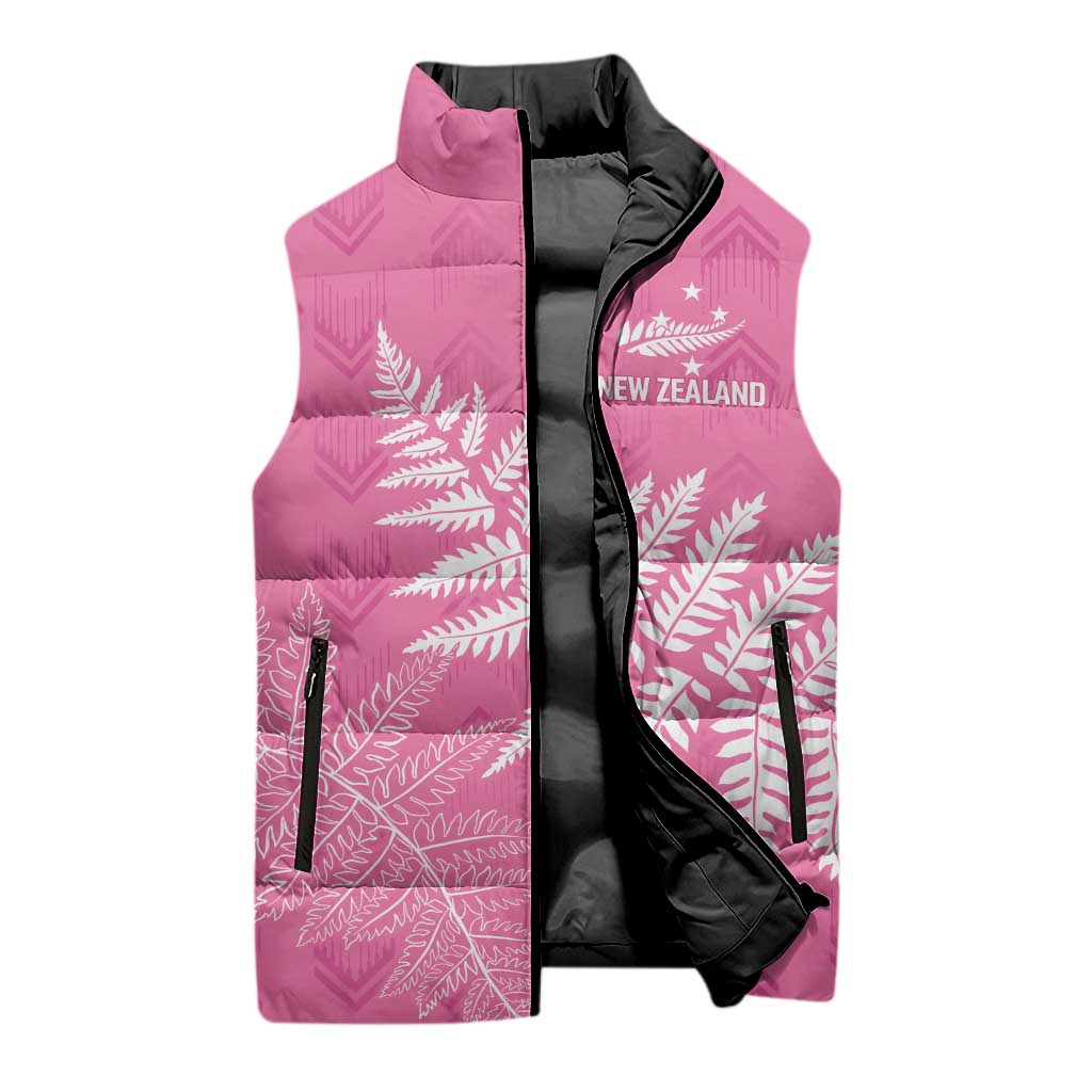 New Zealand Lawn Bowls Breast Cancer Personalized Sleeveless Puffer Jacket Wrap-Around Silver Fern - Aussie Hoodie