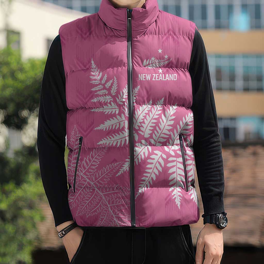 New Zealand Lawn Bowls Breast Cancer Personalized Sleeveless Puffer Jacket Wrap-Around Silver Fern - Aussie Hoodie