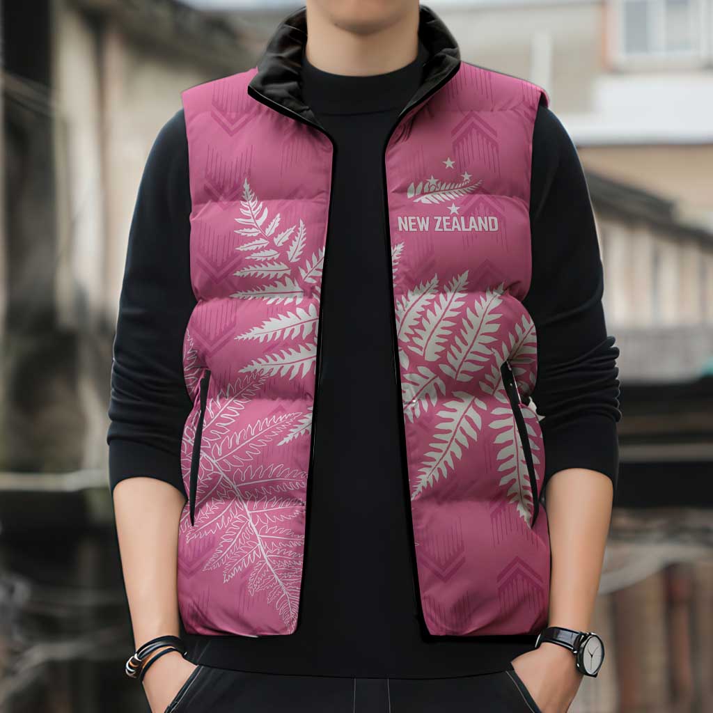 New Zealand Lawn Bowls Breast Cancer Personalized Sleeveless Puffer Jacket Wrap-Around Silver Fern - Aussie Hoodie