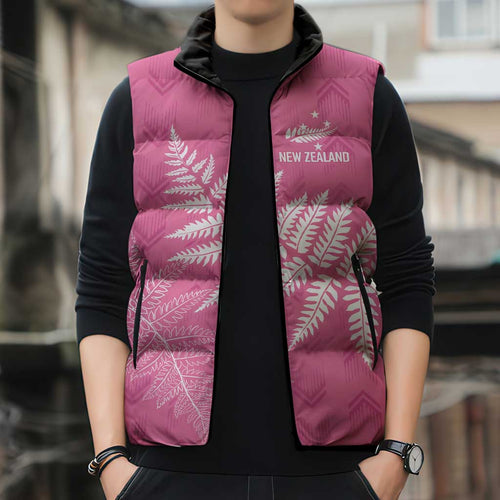 New Zealand Lawn Bowls Breast Cancer Personalized Sleeveless Puffer Jacket Wrap-Around Silver Fern - Aussie Hoodie