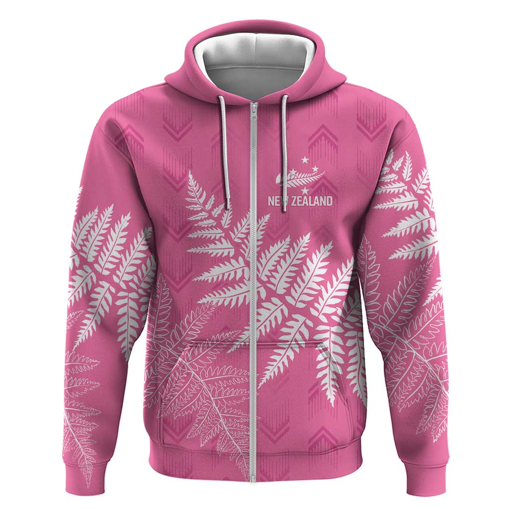 New Zealand Lawn Bowls Breast Cancer Personalized Zip Hoodie Wrap-Around Silver Fern - Aussie Hoodie