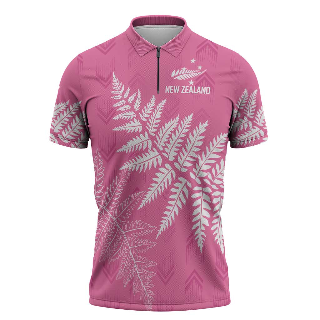 New Zealand Lawn Bowls Breast Cancer Personalized Zipper Polo Shirt Wrap-Around Silver Fern - Aussie Hoodie