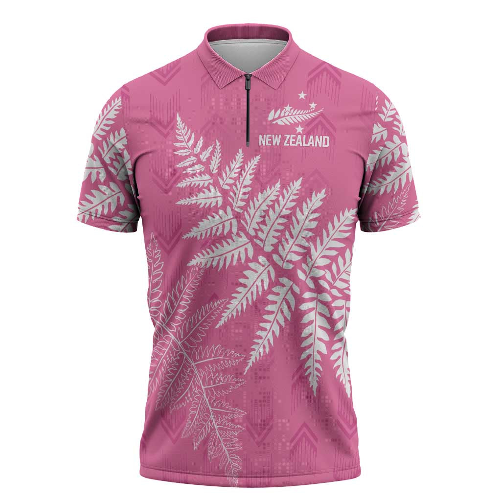 New Zealand Lawn Bowls Breast Cancer Personalized Zipper Polo Shirt Wrap-Around Silver Fern - Aussie Hoodie