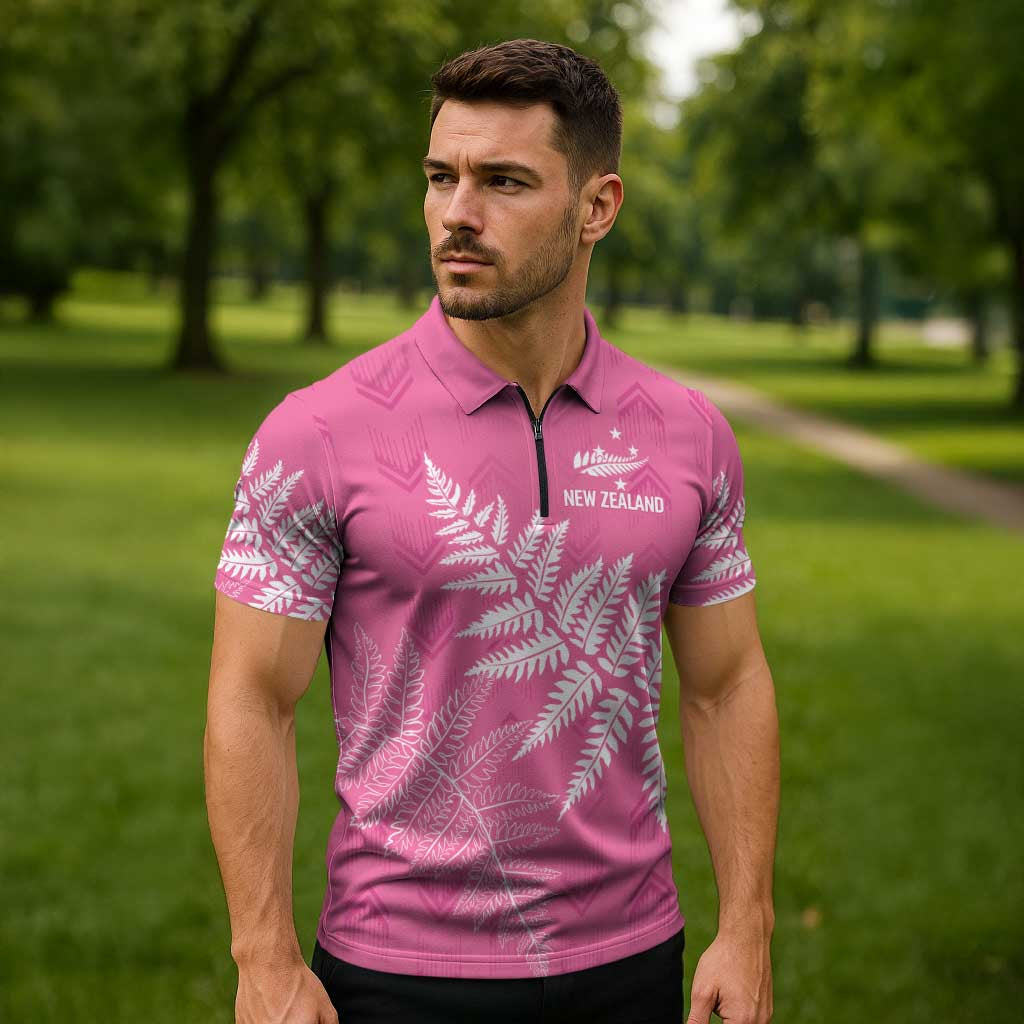 New Zealand Lawn Bowls Breast Cancer Personalized Zipper Polo Shirt Wrap-Around Silver Fern - Aussie Hoodie