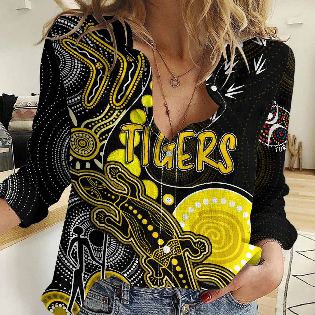 Personalised NAIDOC Week 2023 AFL Tigers Women Casual Shirt Aboriginal Dot Art Lizard Mix Boomerang LT7