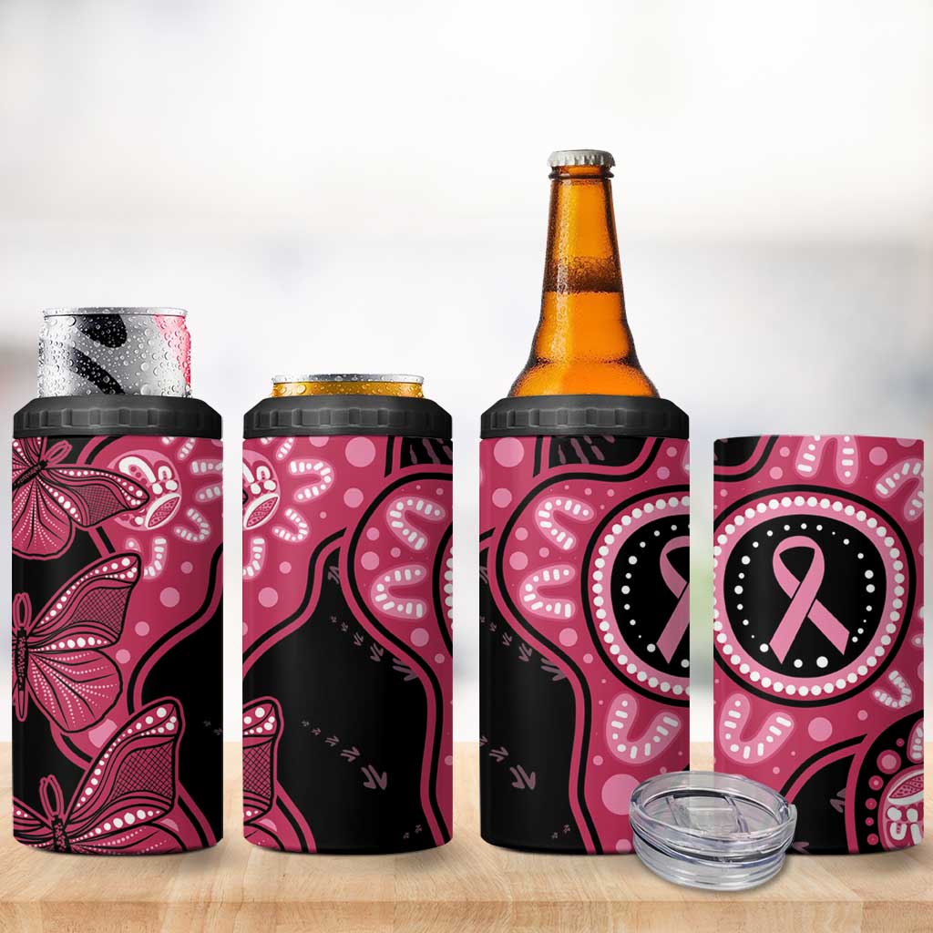 Australia Indigenous 4 in 1 Can Cooler Tumbler Breast Cancer Black Aboriginal Butterfly