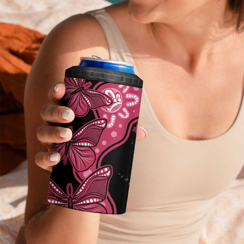 Australia Indigenous 4 in 1 Can Cooler Tumbler Breast Cancer Black Aboriginal Butterfly