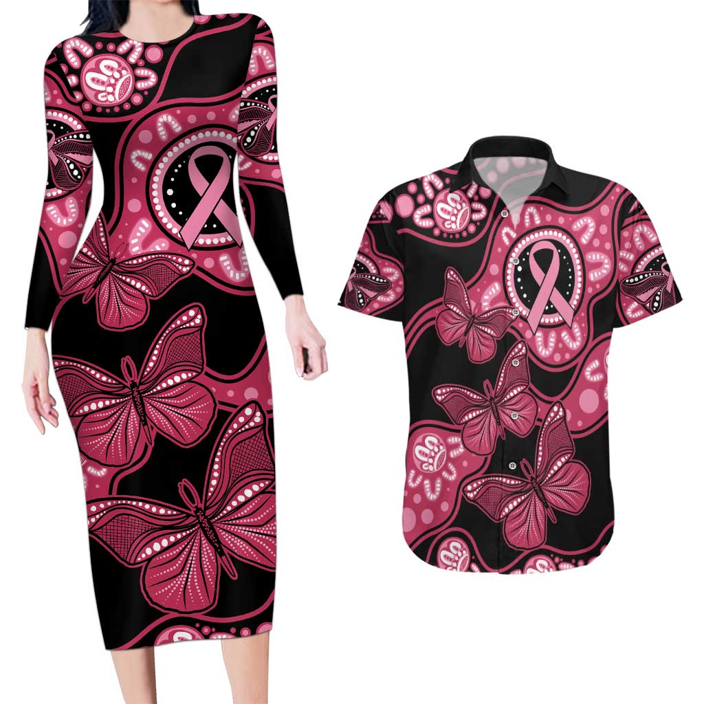 Australia Indigenous Couples Matching Long Sleeve Bodycon Dress and Hawaiian Shirt Breast Cancer Black Aboriginal Butterfly