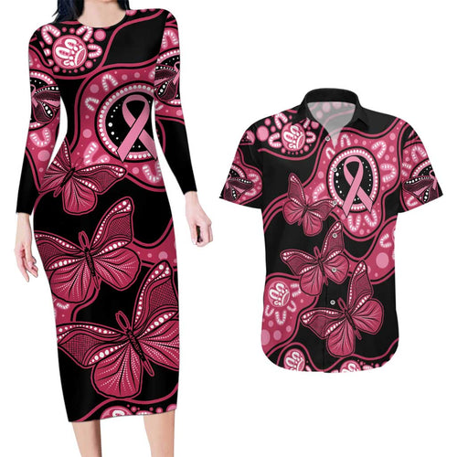 Australia Indigenous Couples Matching Long Sleeve Bodycon Dress and Hawaiian Shirt Breast Cancer Black Aboriginal Butterfly