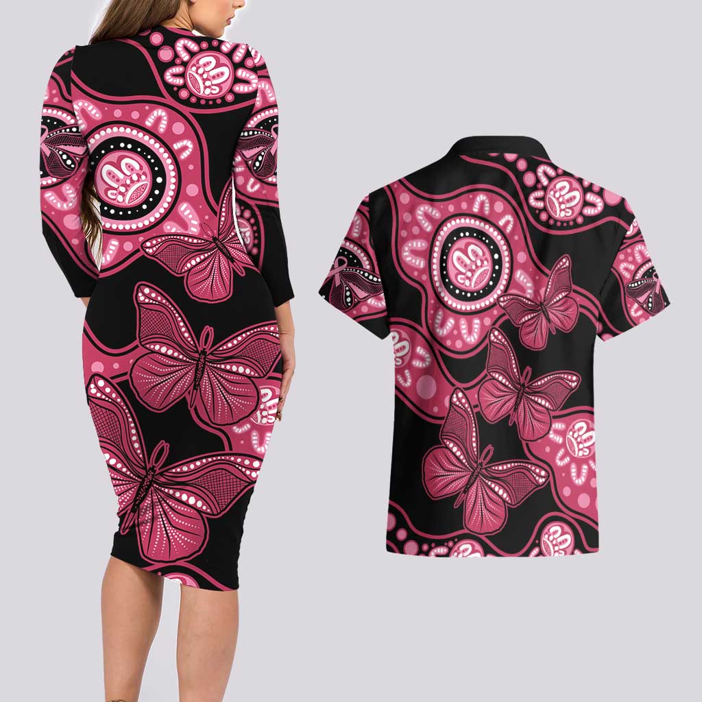 Australia Indigenous Couples Matching Long Sleeve Bodycon Dress and Hawaiian Shirt Breast Cancer Black Aboriginal Butterfly