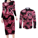 Australia Indigenous Couples Matching Long Sleeve Bodycon Dress and Long Sleeve Button Shirt Breast Cancer Black Aboriginal Butterfly