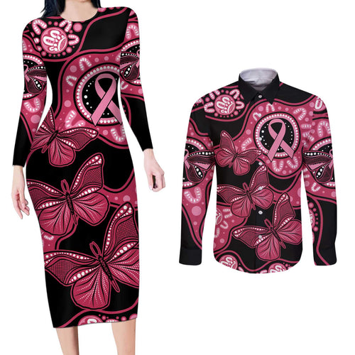 Australia Indigenous Couples Matching Long Sleeve Bodycon Dress and Long Sleeve Button Shirt Breast Cancer Black Aboriginal Butterfly