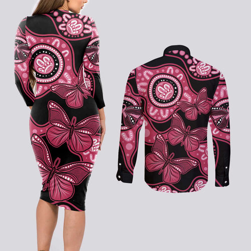 Australia Indigenous Couples Matching Long Sleeve Bodycon Dress and Long Sleeve Button Shirt Breast Cancer Black Aboriginal Butterfly