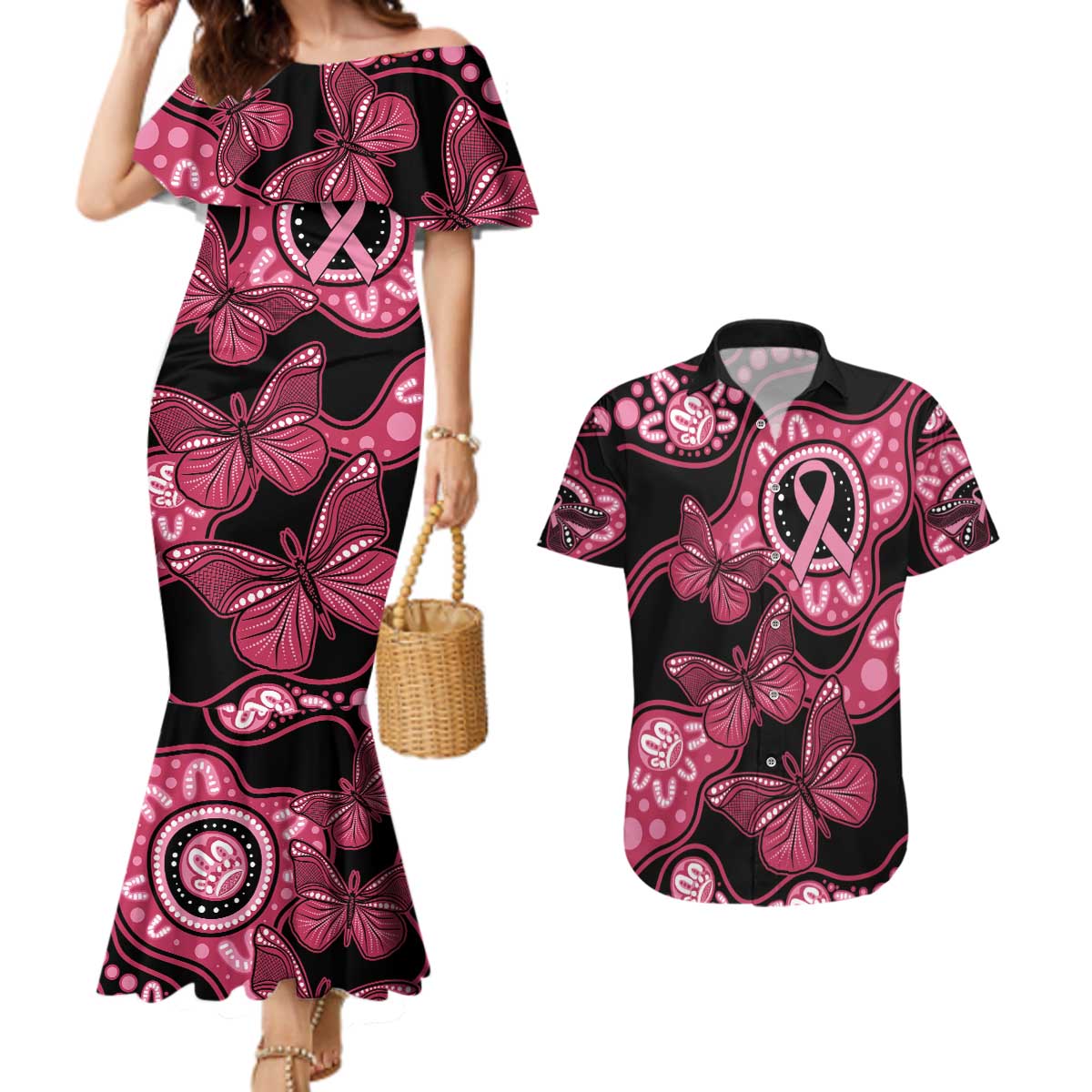 Australia Indigenous Couples Matching Mermaid Dress and Hawaiian Shirt Breast Cancer Black Aboriginal Butterfly
