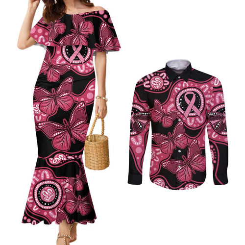 Australia Indigenous Couples Matching Mermaid Dress and Long Sleeve Button Shirt Breast Cancer Black Aboriginal Butterfly