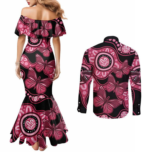 Australia Indigenous Couples Matching Mermaid Dress and Long Sleeve Button Shirt Breast Cancer Black Aboriginal Butterfly