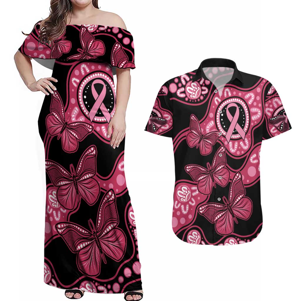 Australia Indigenous Couples Matching Off Shoulder Maxi Dress and Hawaiian Shirt Breast Cancer Black Aboriginal Butterfly