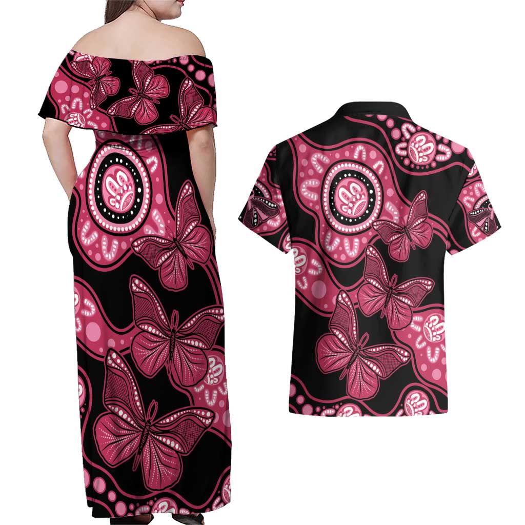 Australia Indigenous Couples Matching Off Shoulder Maxi Dress and Hawaiian Shirt Breast Cancer Black Aboriginal Butterfly