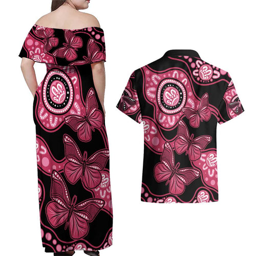 Australia Indigenous Couples Matching Off Shoulder Maxi Dress and Hawaiian Shirt Breast Cancer Black Aboriginal Butterfly