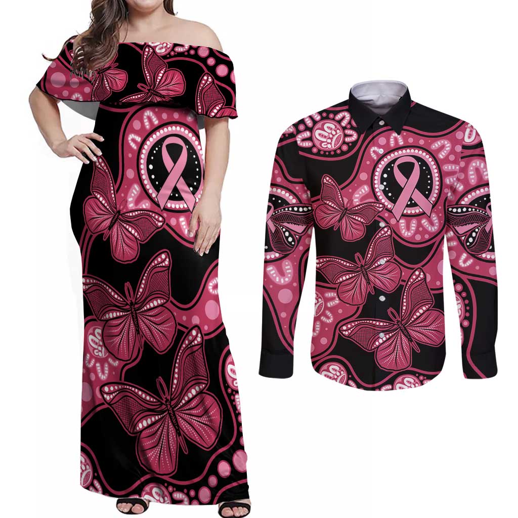 Australia Indigenous Couples Matching Off Shoulder Maxi Dress and Long Sleeve Button Shirt Breast Cancer Black Aboriginal Butterfly