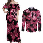 Australia Indigenous Couples Matching Off Shoulder Maxi Dress and Long Sleeve Button Shirt Breast Cancer Black Aboriginal Butterfly