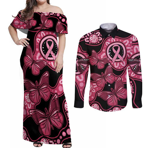 Australia Indigenous Couples Matching Off Shoulder Maxi Dress and Long Sleeve Button Shirt Breast Cancer Black Aboriginal Butterfly