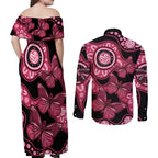 Australia Indigenous Couples Matching Off Shoulder Maxi Dress and Long Sleeve Button Shirt Breast Cancer Black Aboriginal Butterfly